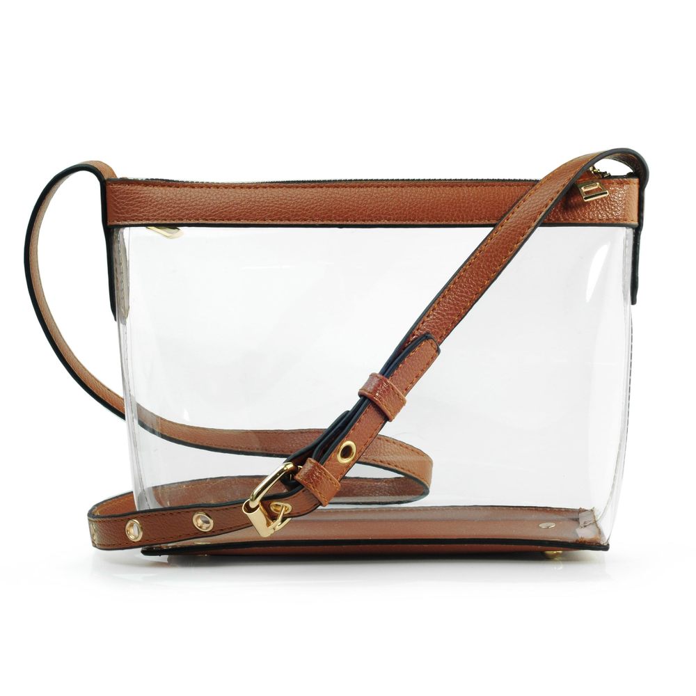 Clear Zier Cross Body Bag With Vegan Leather Trim Brown Small >:(